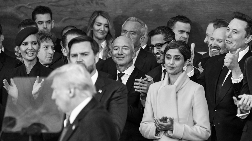 Donald Trump's guests—including tech leaders Mark Zuckerberg, Jeff Bezos, Sundar Pichai, and Elon Musk—stand next to him during his inauguration speech.