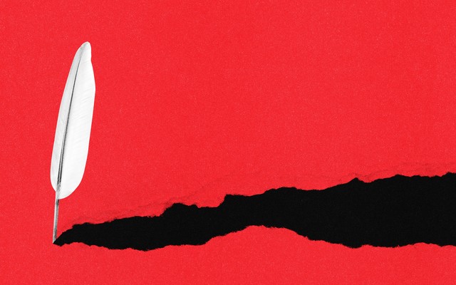 Illustration of a feather quill with a long dark shadow in a field of red.