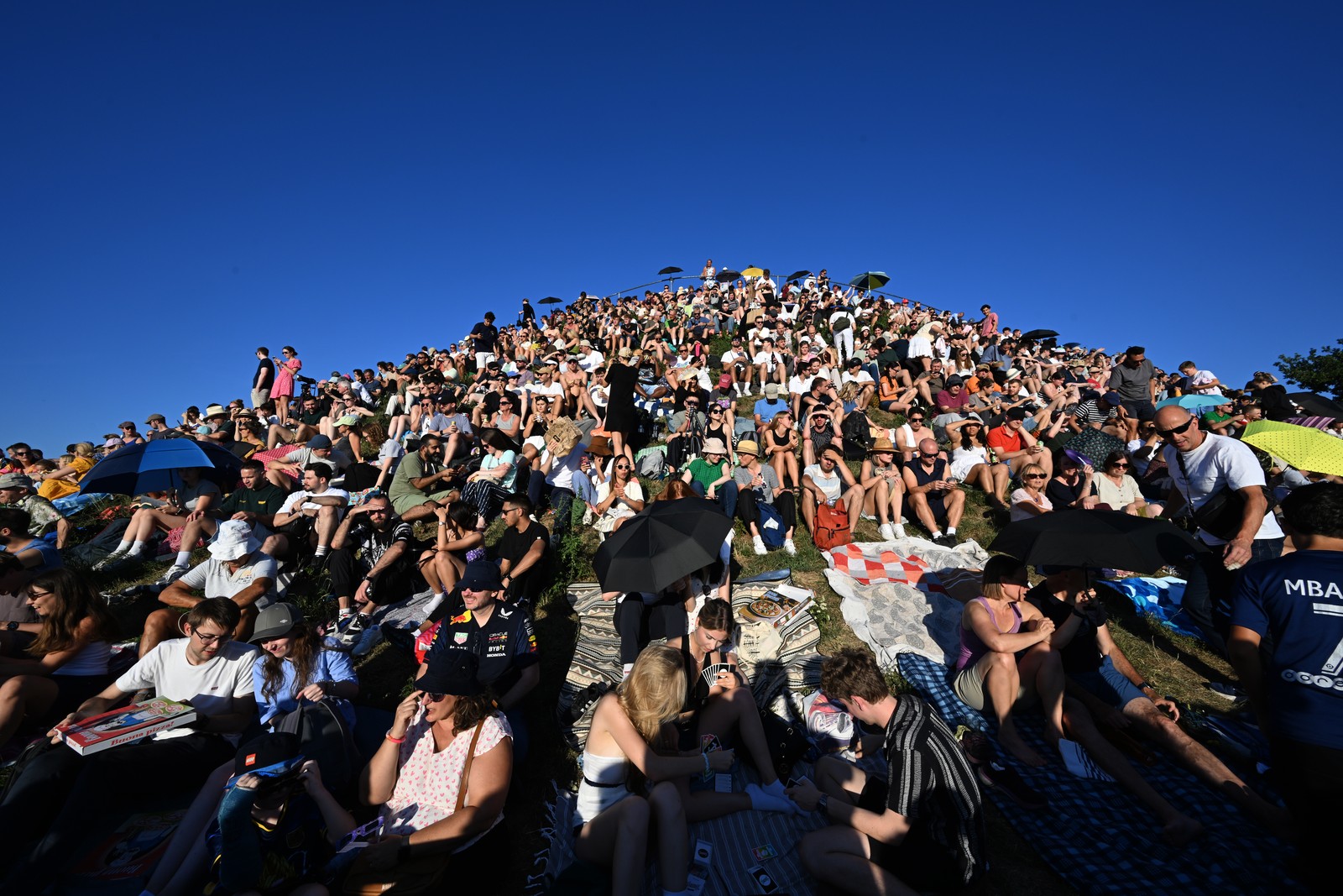 Many people sit on a hill in a park, under a sunny sky.