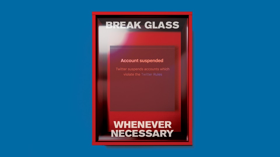 Illustration of emergency glass with a suspended Twitter account behind it.