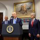 Jay Bhattacharya, Marty Makary, Robert F. Kennedy Jr., Donald Trump, and Mehmet Oz stand behind a podium in the Roosevelt Room of the White House