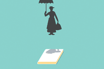 A silhouette of Mary Poppins flying above a book