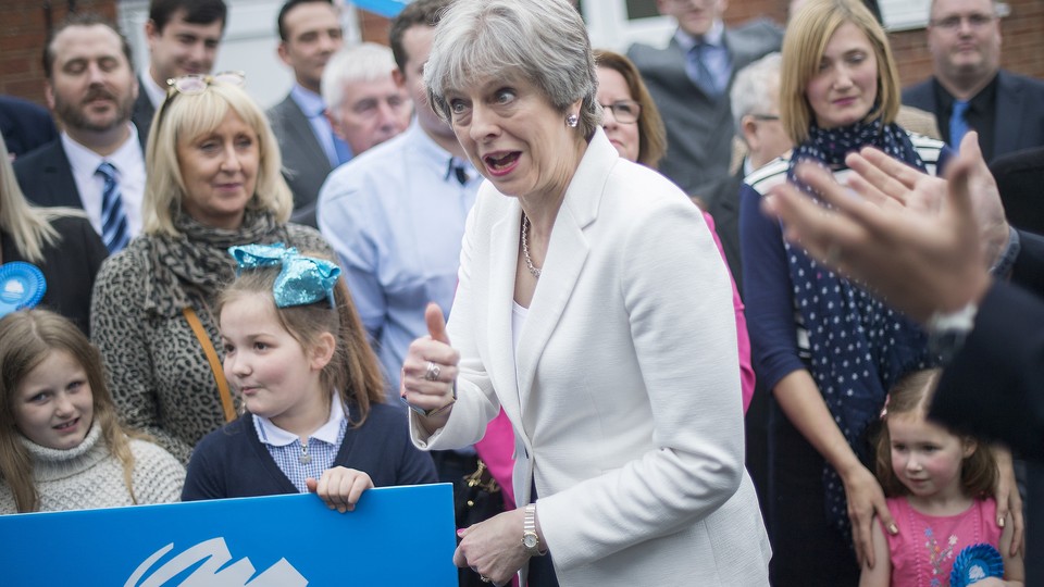 Theresa May greets supporters in Dudley, England, in May 2018.