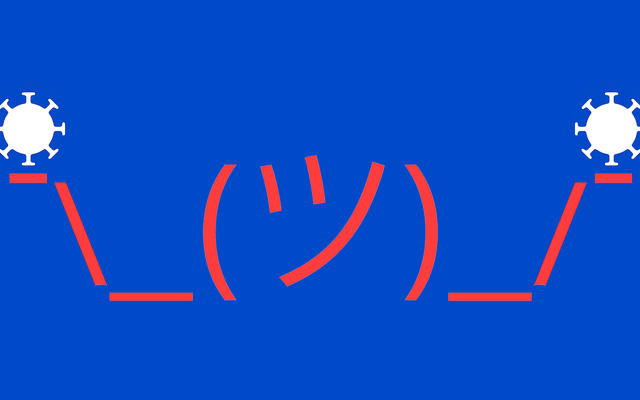 a shruggie balancing a coronavirus particle on each hand