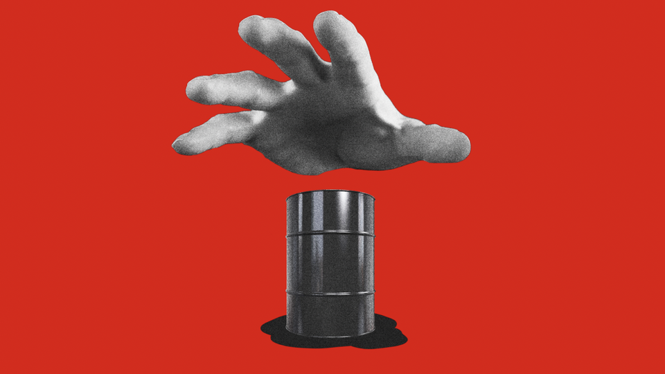 An illustration of a giant hand reaching for a barrel of oil.