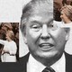 A black-and-white video of Trump talking while images of Hillary Clinton flash on the screen