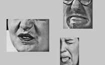 Collage of black-and-white close-ups of people making disgusted faces