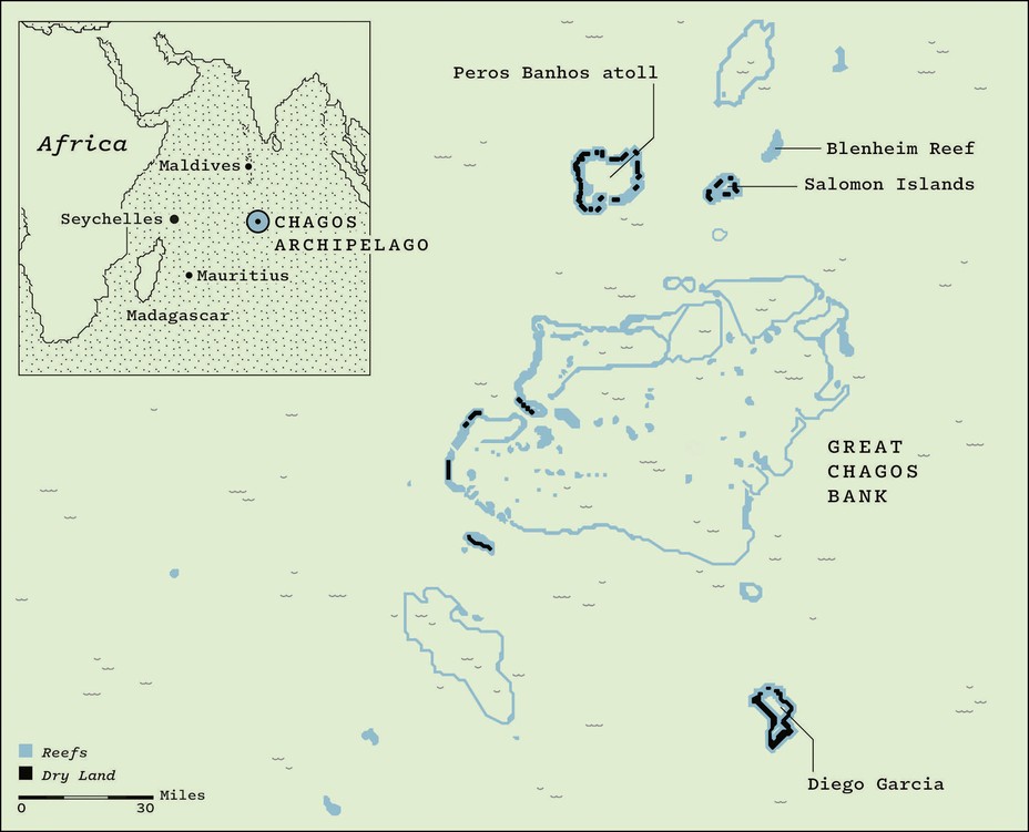 map showing the Chagos archipelago and its islands, with an inset showing its location in the middle of the Indian Ocean, south of the Maldives and west of the Seychelles