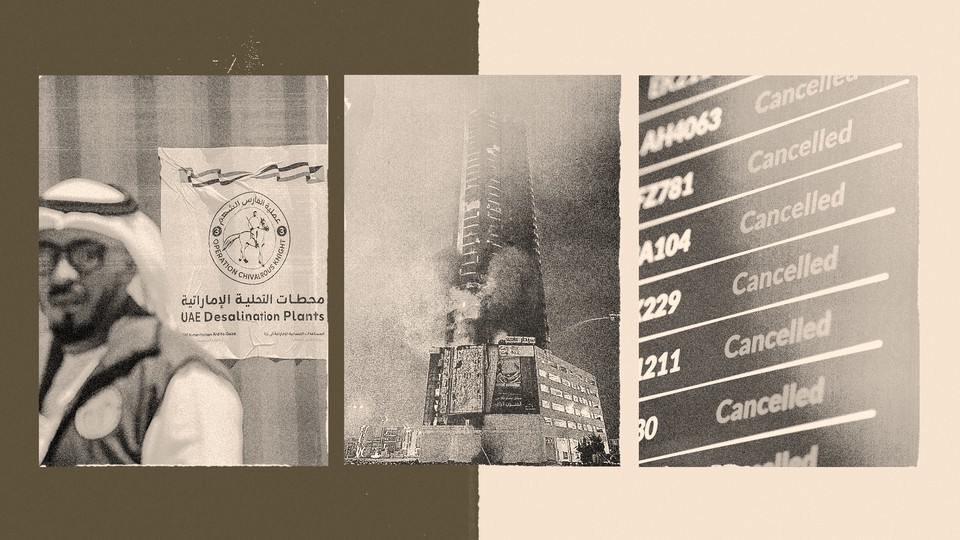 Illustration with black-and-white photographs of canceled flights, smoking buildings, and a sign for the UAE’s desalination plant