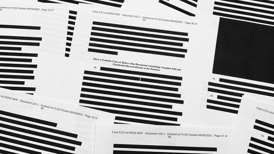 A photo of redacted documents