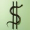 two black rods with a black snake in an S-shape form a dollar sign on a pale green background