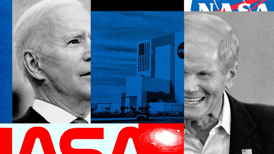 An illustration featuring President Joe Biden, former Senator Bill Nelson, and two NASA logos