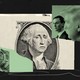 An illustration of money, Jared Kushner, and Donald Trump.
