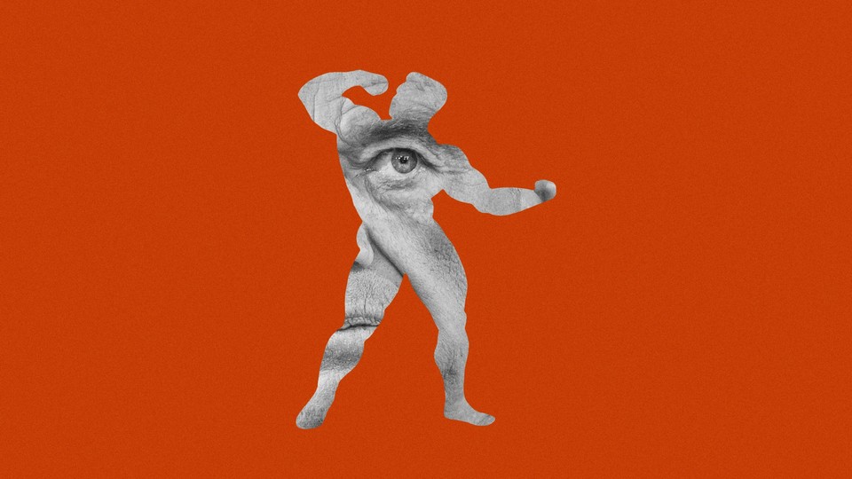 RFK's face peers out of the silhouette of a body builder, against a red background