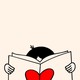 A line drawing of a person reading a book with a heart on the cover.