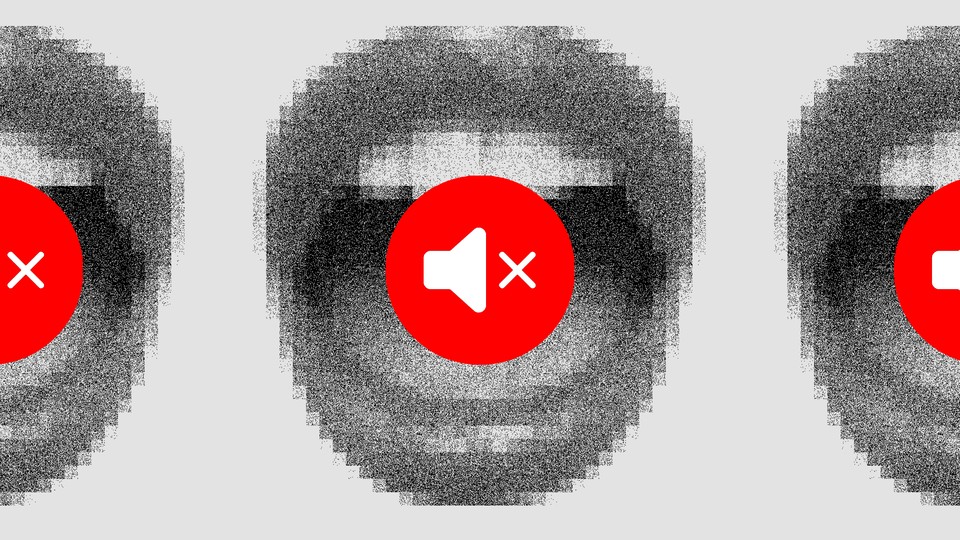 A series of three black-and-white talking mouths with red mute buttons over them