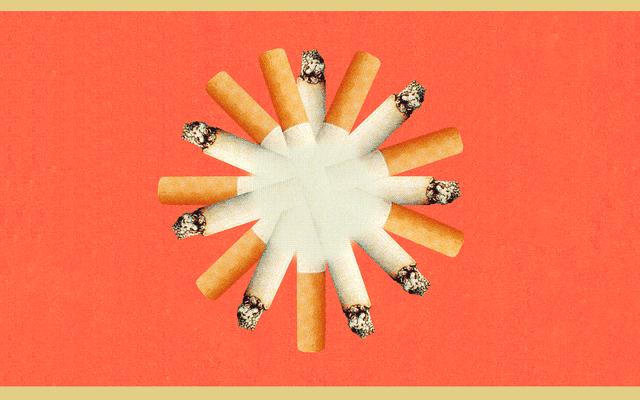 Eight cigarettes arranged in the shape of a coronavirus