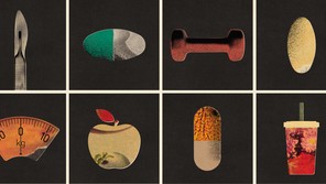 Illustrations of weight, pills, apple, juice, scale