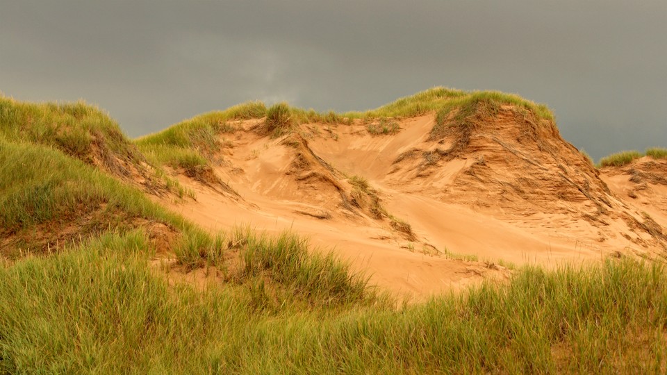 A sand dune with grass on it in the foreground and dark hurricane storm clouds in the background