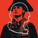 black halftone image of George Washington from movie with white silhouette outline of George Washington's famous profile superimposed, on red background