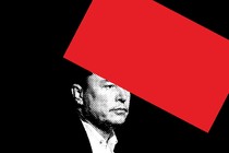 A black-and-white photo portrait of Elon Musk half covered by a slanted red rectangle