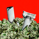 A graphic illustration of broken white pillars in a pile of $100 bills
