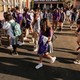 Students queue to enter school building in California.