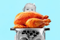 Photo-illustration of a baby with a rotisserie chicken at her high chair