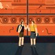 An illustration of two friends holding hands while a military tank drives by the window.