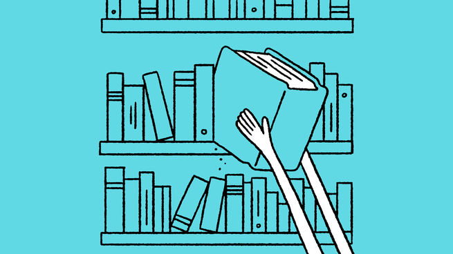 illustration of hands removing a thesaurus from a bookshelf