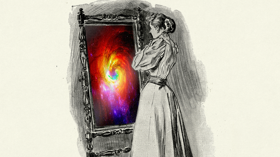 An illustration of a woman standing in front of a mirror with an image of the cosmos in it