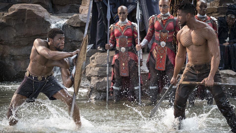 T'Challa/Black Panther (Chadwick Boseman) and Erik Killmonger (Michael B. Jordan)