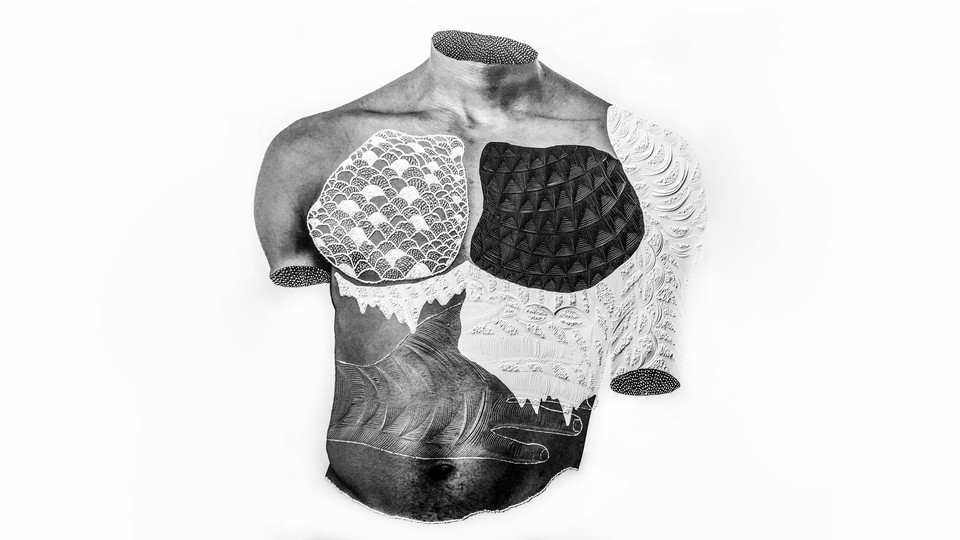 A man's torso in black and white collaged together from different textures