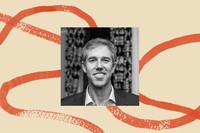 A black-and-white photo of Beto O'Rourke bordered by an illustration