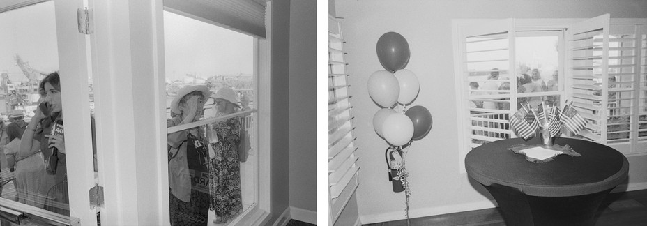 Diptych: two women , one a fox news reporter peer into windows; balloons and American flags in a room.