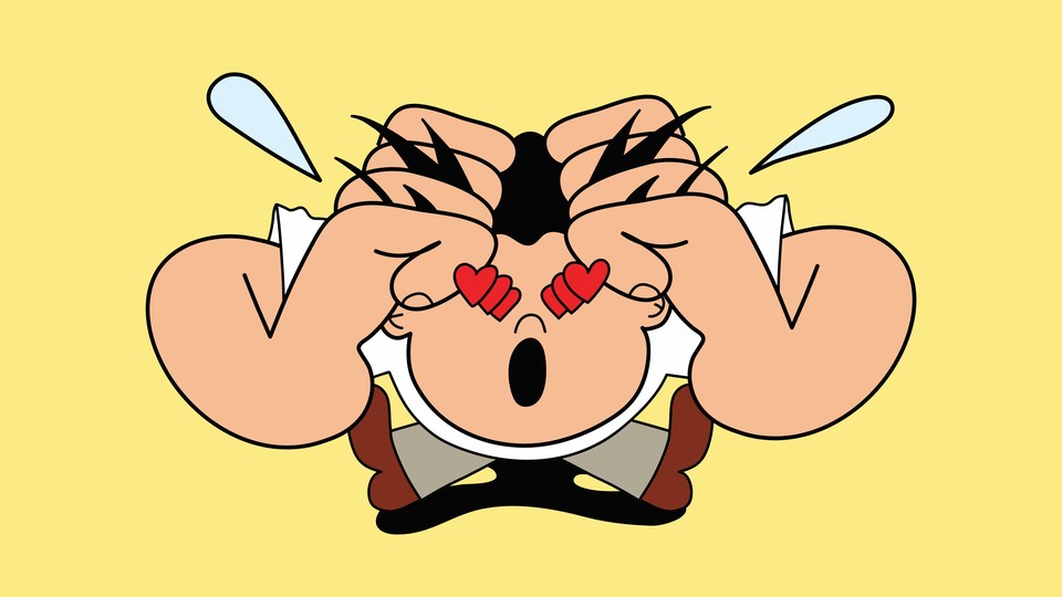 A cartoon illustration of a person with many hearts for eyes, pulling at their hair in excitement.