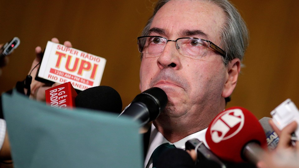 Brazilian suspended House Speaker Eduardo Cunha speaks during a news conference.