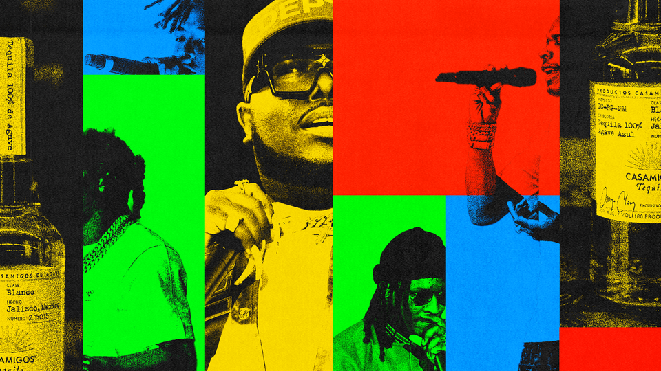 Color-blocked collage of images of rappers and of bottles of Casamigos