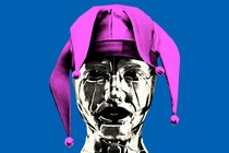 A robot wearing a jester's hat