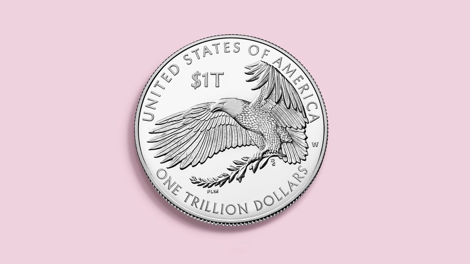 Illustration showing a normal coin, except the denomination is $1 trillion