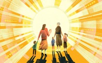 An illustration of two women and four children walking toward the sun, surrounded by refracting light beams