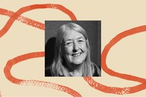 A black-and-white photo of Dame Mary Beard, bordered by an illustration