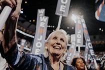 An elderly white woman looking ecstatic at the Democratic National Convention