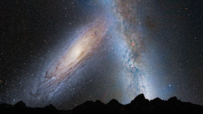 An artist's conception of the Milky Way and Andromeda galaxies colliding about 5 billion years from now