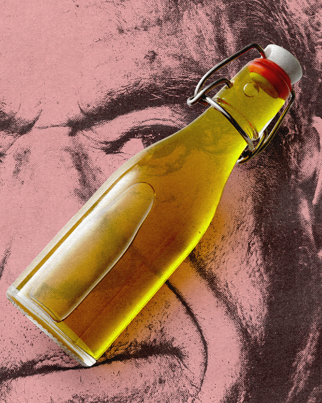 Pink-tinted portrait of RFK Jr. overlaid with a glass bottle of olive oil