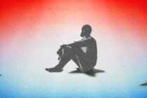 The silhouette of a person sitting on the shadow of a black star, with other shadow stars nearby. The background is a diffuse red, white, and blue.