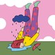 Illustration of an upside down woman with a cloud raining on her head and an umbrella with a smiley face beside her