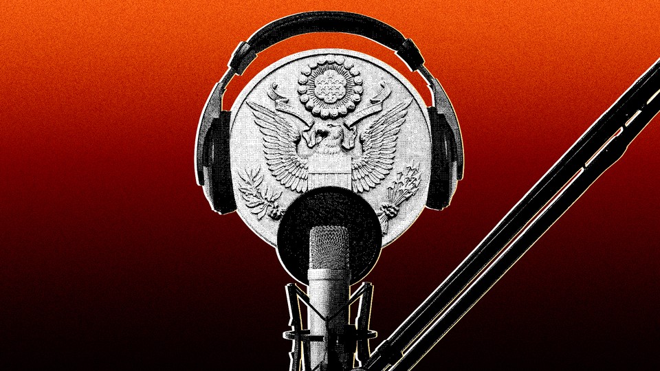 A photo-illustration of of a coin with an American eagle on it. The coin is wearing headphones in front of a podcast mic.