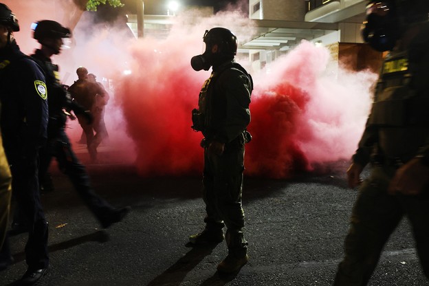 An image of federal agents attempting to keep protesters back outside an ICE facility on October 05, 2025 in Portland, Oregon