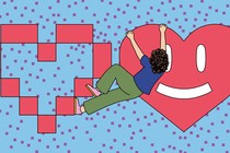 An illustration of a woman on a climbing wall, reaching over the grasp a heart-shaped hold.